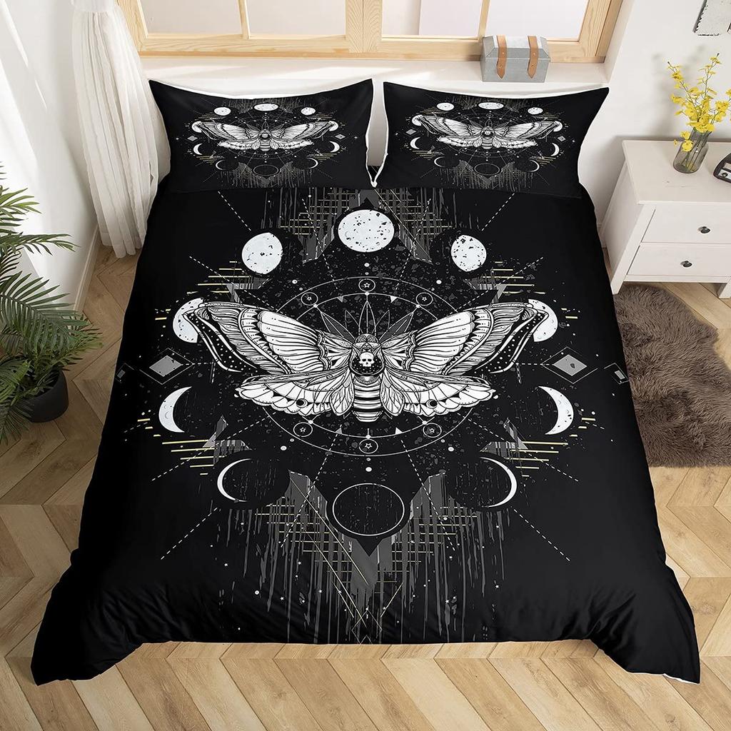 Grün Farbverlauf Totenkopfschwärmer Bettbezug Schmetterling Tier Tierkreiszeichen Galaxie Bettwäsche für Jungen Mädchen Gothic Motte Skelett Boho Raumdekor