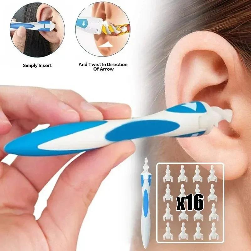 Silicone 360 Degrees Rotating Spiral Ear Cleaner Wax Removal Tool with 16pcs Replacement Ear Picker Spoon