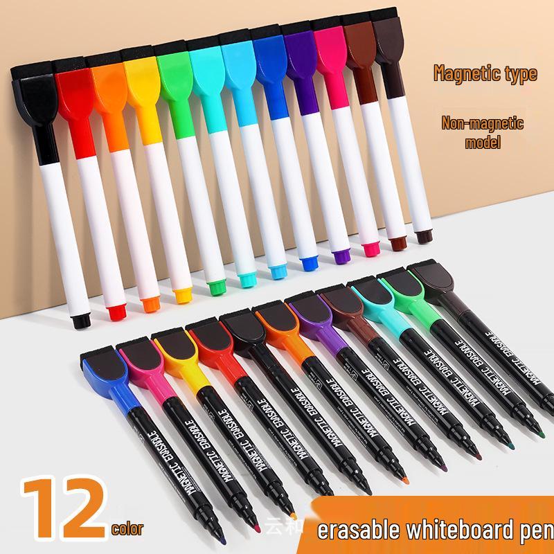 Magnetic Erasable Whiteboard Markers for Kids - 8 Water-Based Colors with Brush and Magnetic Tape