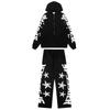 Streetwear Spider Web Star Letter Zip-Up Hoodie Sweatshirt Pants Set Men Women Long Sleeve Casual Outfit