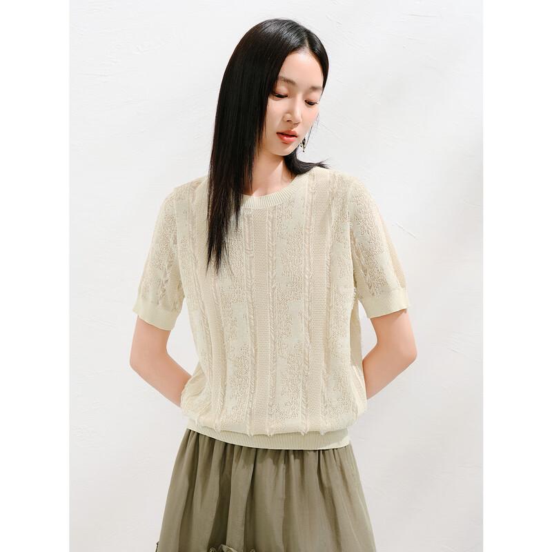 JUZI ANNACO Women's Xinjiang Cotton Tassel Jacquard Short Sleeve Knit Top