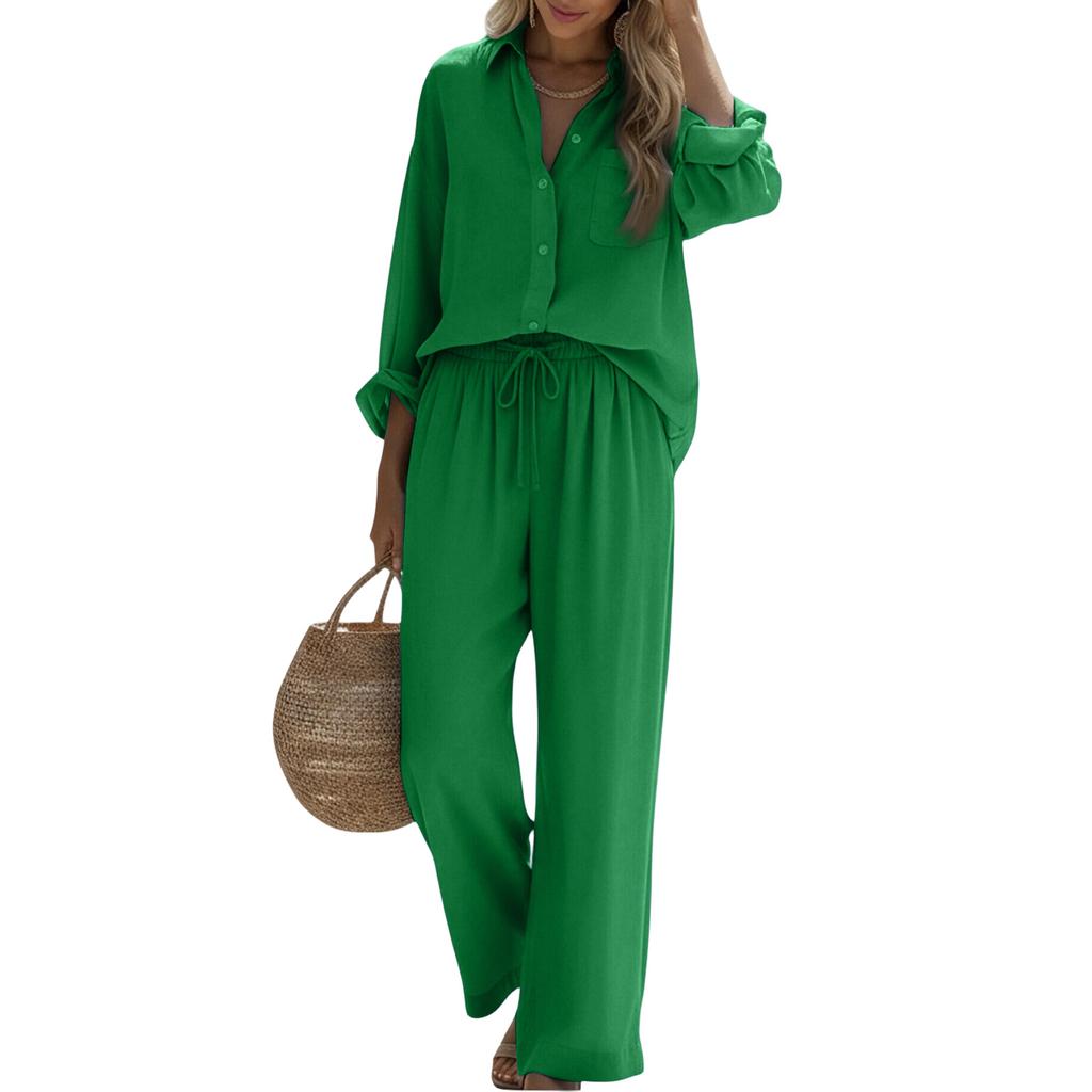 Fashion Women's Color Set, Women's Imitation Cotton And Linen Loose Long Sleeved Top Set, Women's