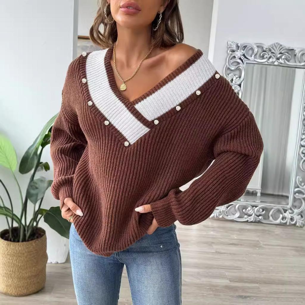 Pearl Bead Top European and American Women's Clothing Contrasting Color Splicing Large V-neck Loose Woven Sweater Pullover Sweater