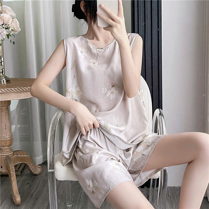 Cotton and silk pajamas women's summer thin loose sleeveless artificial cotton loungewear can be worn outside student cotton silk suit plus size