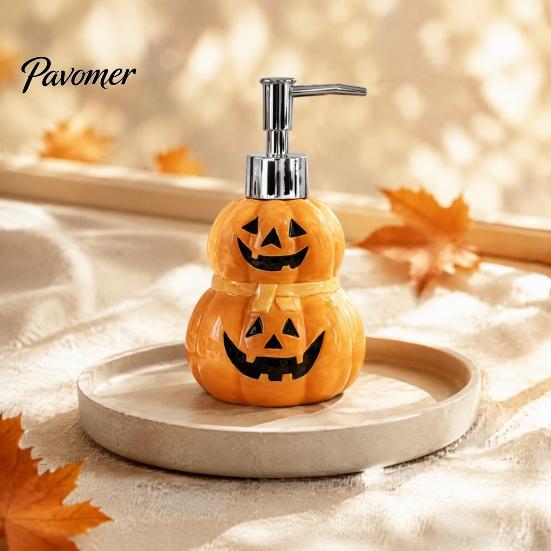 Reusable Shampoo Bottle Halloween Ceramic Ghost Soap Dispenser, with Stainless Steel Pump, Pumpkin Refillable Lotion Dispenser Liquid Hand Container,