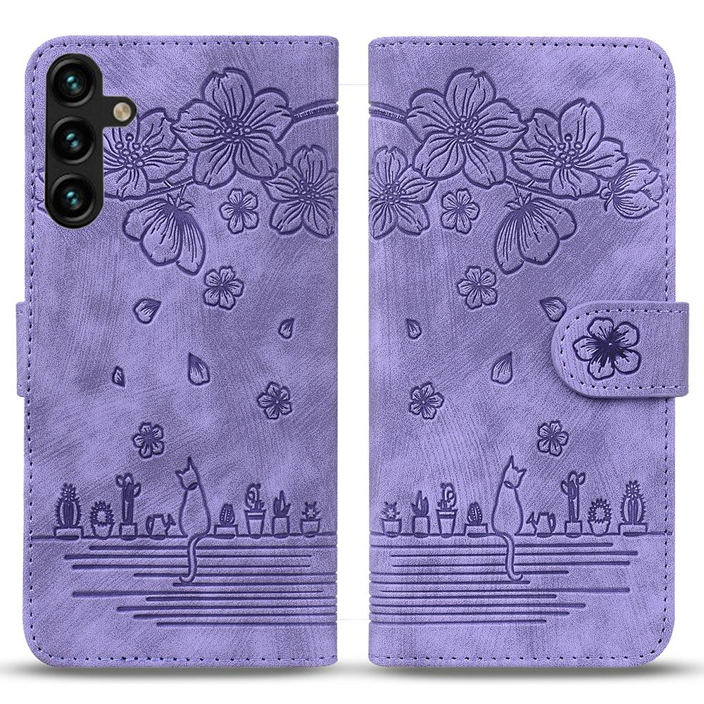 

Чехол для телефона для Samsung Galaxy A16 4G/5G/A26 5G/A17, кожаный чехол-книжка с подставкой, с принтом кошки и цветущей сакуры Purple