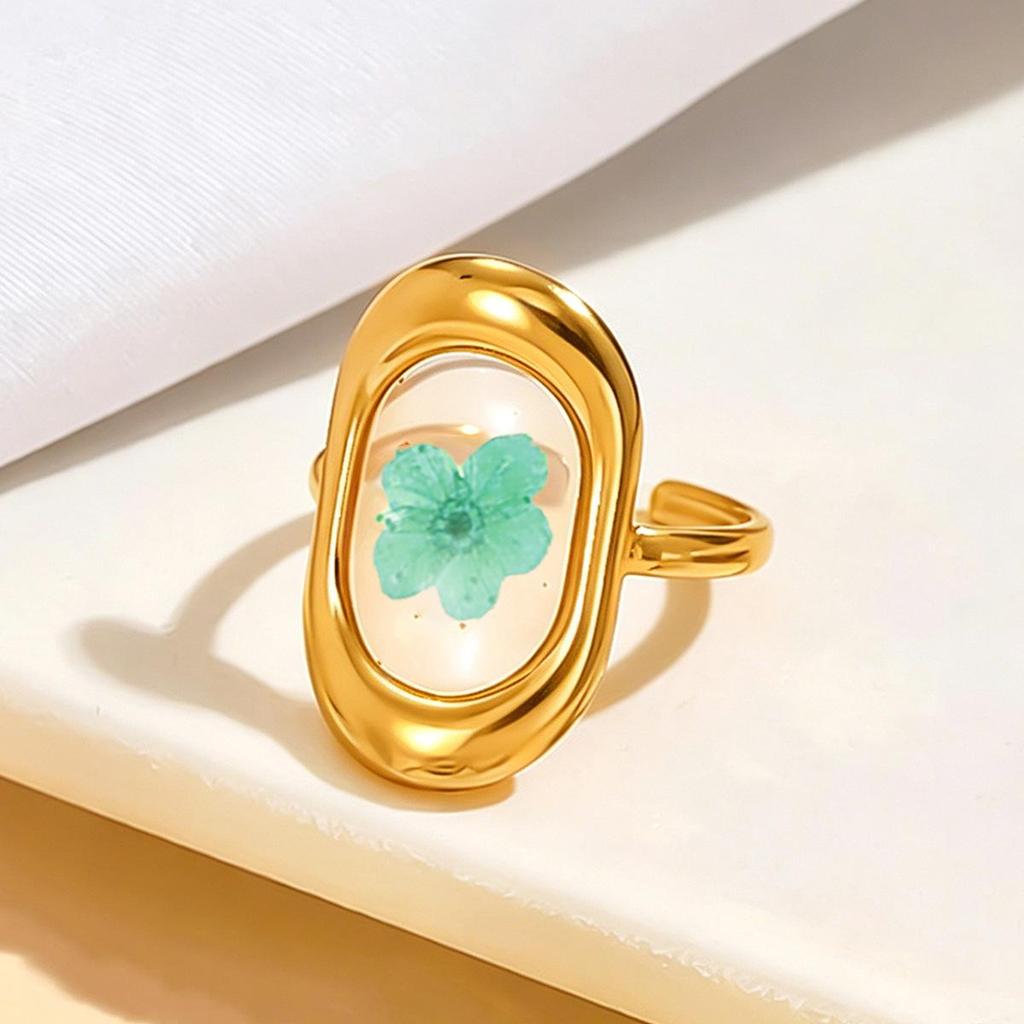 Women's Forest Style Stainless Steel Ring with Dried Flower and Transparent Enamel