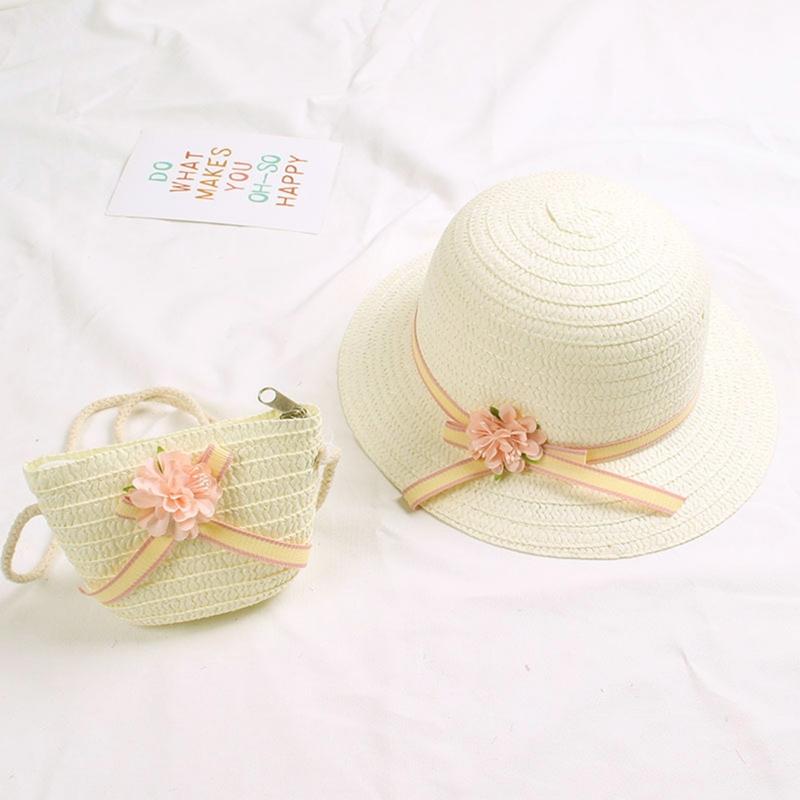 Sun Straw Hat Kids Girls Large Wide Brim Travel Beach Cap Sweet Flower Bowknot Sun for Protection Hat with Shoul