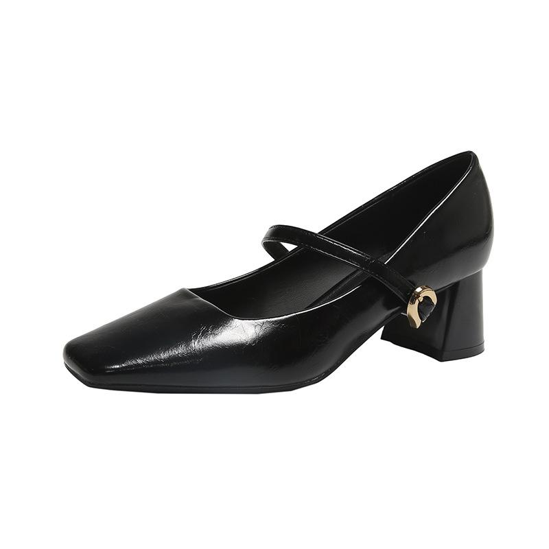Fashion Mary Jane Shoes Vintage Mary Jane Leather Shoes with Light Mouth Single Shoes Women's Square Head Thick Heel High Heels