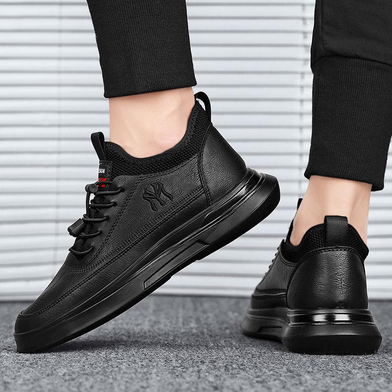 Autumn and Winter New PU Men's Shoes Student Versatile Casual Shoes British Fashion Trendy Shoes Sports Board Shoes Black Small Leather Shoes