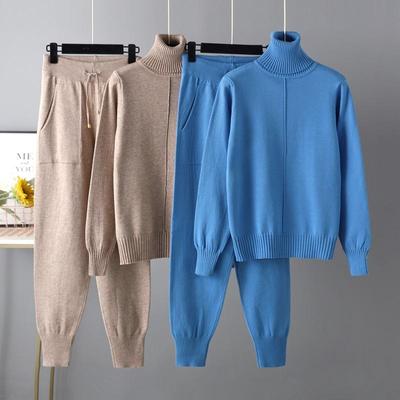 Autumn Winter Turtleneck Solid Color Sweater Knitted For Women's Chic Pullover Two Piece Set