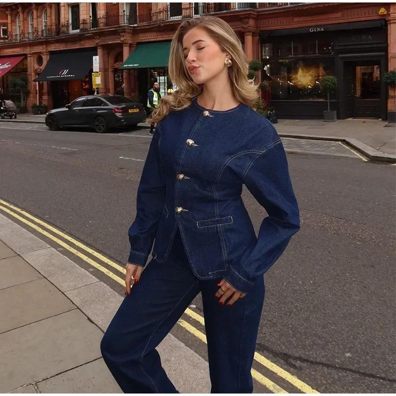 Fashion Denim Jacket Women O-neck Single Breasted Loose Long Sleeves Coat Spring Female Outwear
