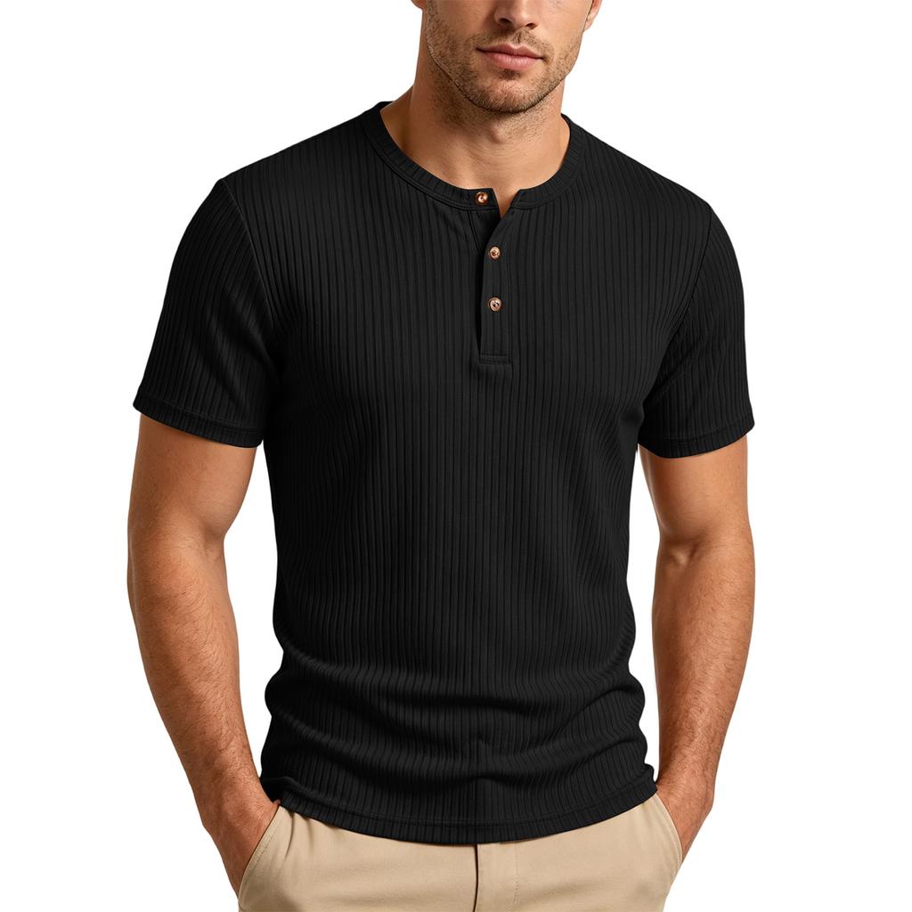 Men's Casual Lightweight Ribbed Henley Shirt Short Sleeve Buttoned Neck Slim Fit Soft Breathable Fabric Summer Top