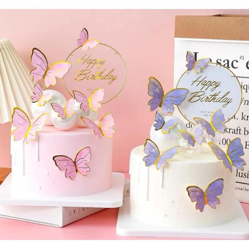 

20 gold-striped edge purple and pink butterfly cake decorative banners, suitable for birthday parties, wedding cakes and cupcakes