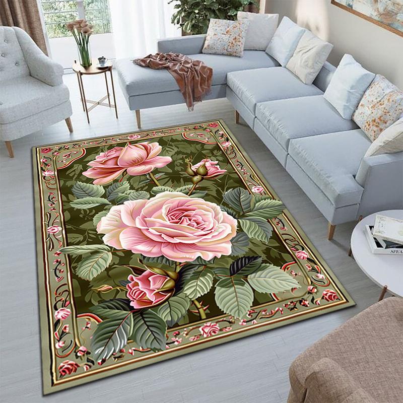 Elegant Pink Roses Garden Art Carpet Is Suitable For Living Room And Bedroom Doormats Office Balcony Decorative Carpet A5