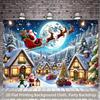 Winter Wonderland Christmas Tapestry, Santa Sleigh with Rudolph and Elves, Snow Scene Wall Art for Indoor Outdoor Party Decor