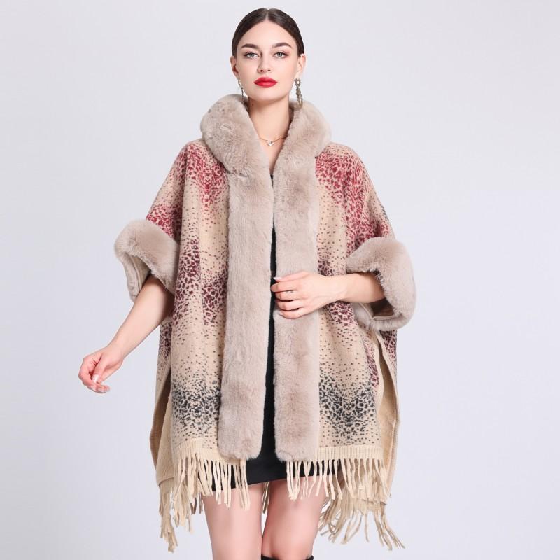 Womens Oversized Plaid Knit Cape Shawl With Fleece Lining Fur Trim Hooded Wrap Coat Winter