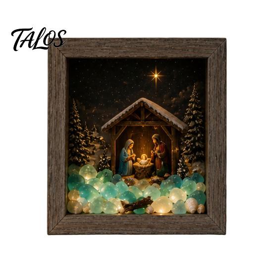 Snowy Cabin Ornament Christmas Night Light Picture Frame, Vintage Wooden Frame 3D Mini Seasonal Home Accents Landscape Lamp, Desktop Atmosphere Decor