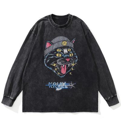 Streetwear Engraçado Gato Gráfico Lavado Preto Camiseta Algodão Unissex Plus Size Mangas Compridas Camiseta