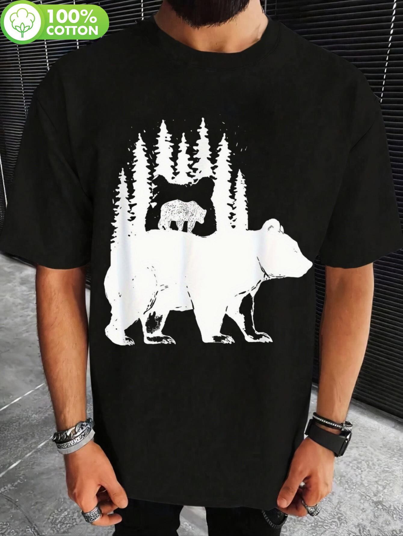 One Piece 100% Cotton Bear Silhouette Forest Animal Print T-shirt - 180GSM Casual Short-Sleeve Round Neck Tee for Men Women S