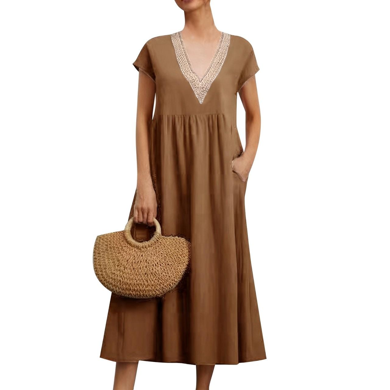 

Жіноче суцільне мереживне плаття з V-подібним вирізом без рукавів із бавовни та льону з кишенями XXL