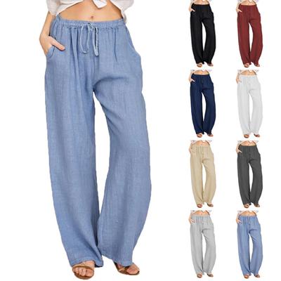 Women Casual Solid Cotton Linen Drawstring Elastic Waist Long Wide Leg Pants