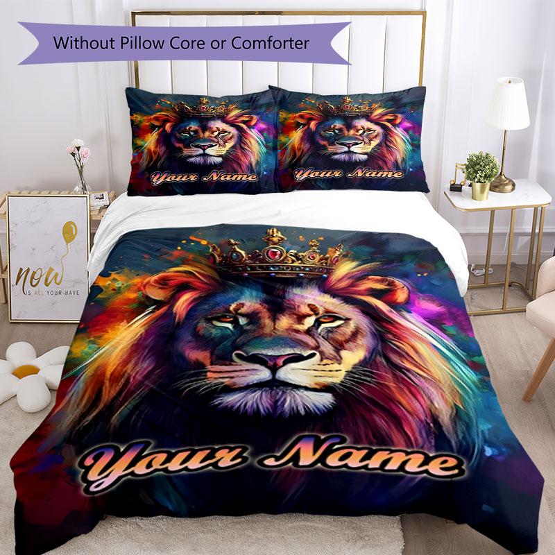 3PC Custom Name Royal Lion Majesty Bedding Set Duvet Cover Closure Includes 1 Duvet Cover & 2 Pillowcases for Bedroom