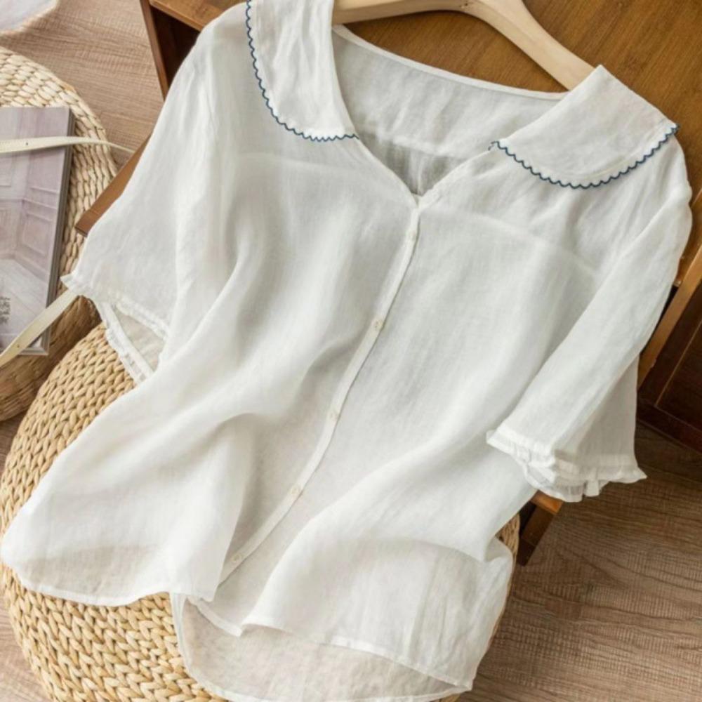 Short-sleeved Navy Collar Ramie Top Literary Retro Cotton and Linen Shirt Doll Collar Loose and Thin