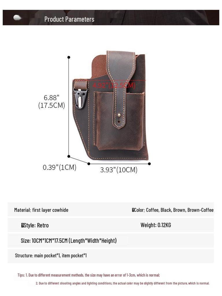 Męska saszetka biodrowa na telefon komórkowy z prawdziwej skóry - Taktyczna saszetka na pasek Crazy Horse na plac budowy i do sportu.