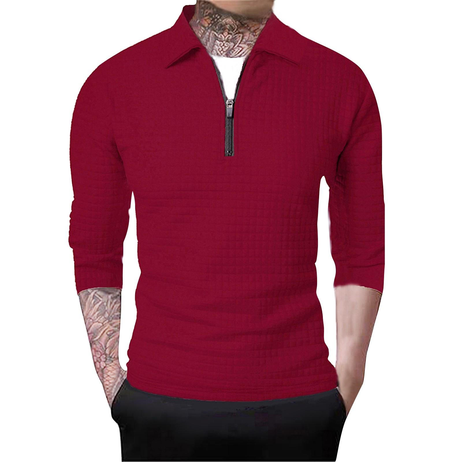 Men s Winter Solid Color Half Zip Lapel Tops Men s Casual Plaid Tops M винный