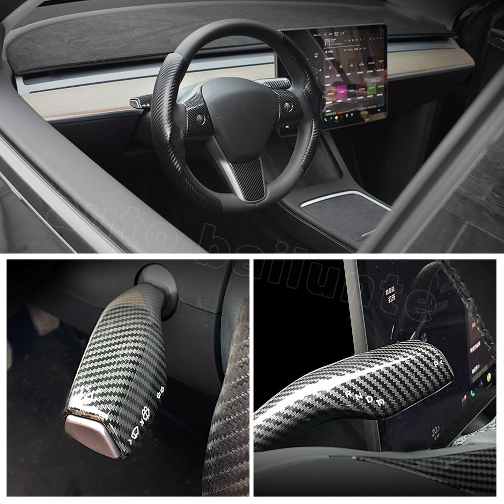 For Tesla Model 3 Model Y 2023 2022  Accessories Carbon Fiber Sticker Car Steering Wheel Cover Gear Shift Cover