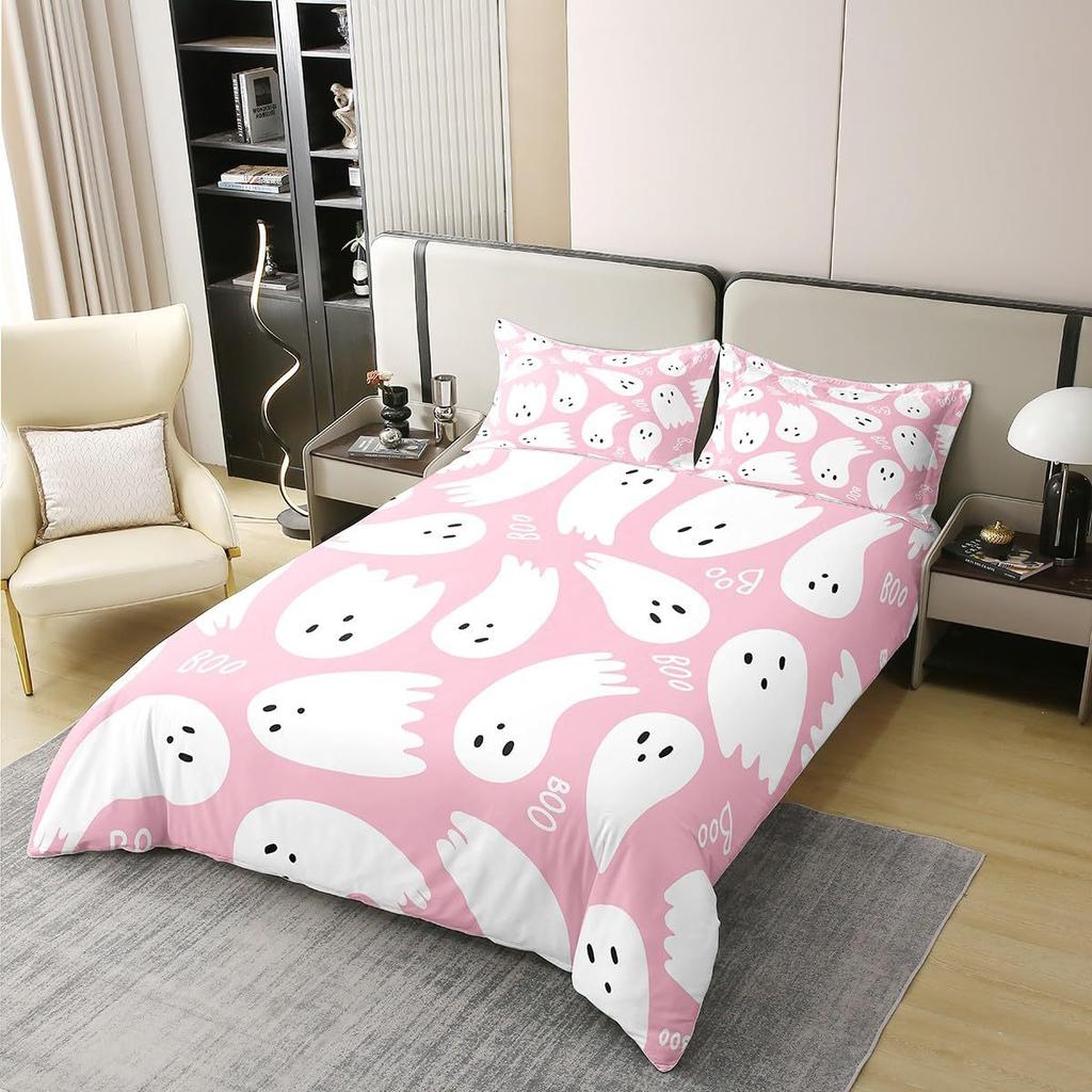 Halloween Ghost Pink White Three-Piece Quilt Cover Digital Printing Bedding Set Bed Cover