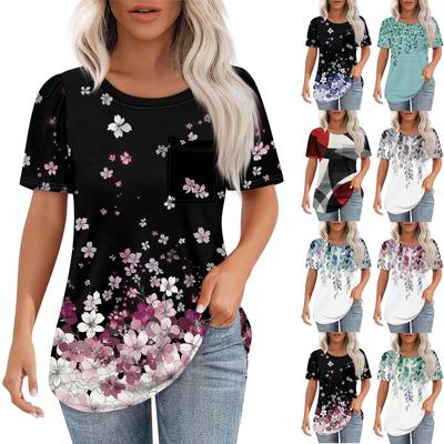 T Shirts For Women Pleated Round Neck Dressy Casual Blouses Printing Short Sleeve Summer Tops Loose Fit