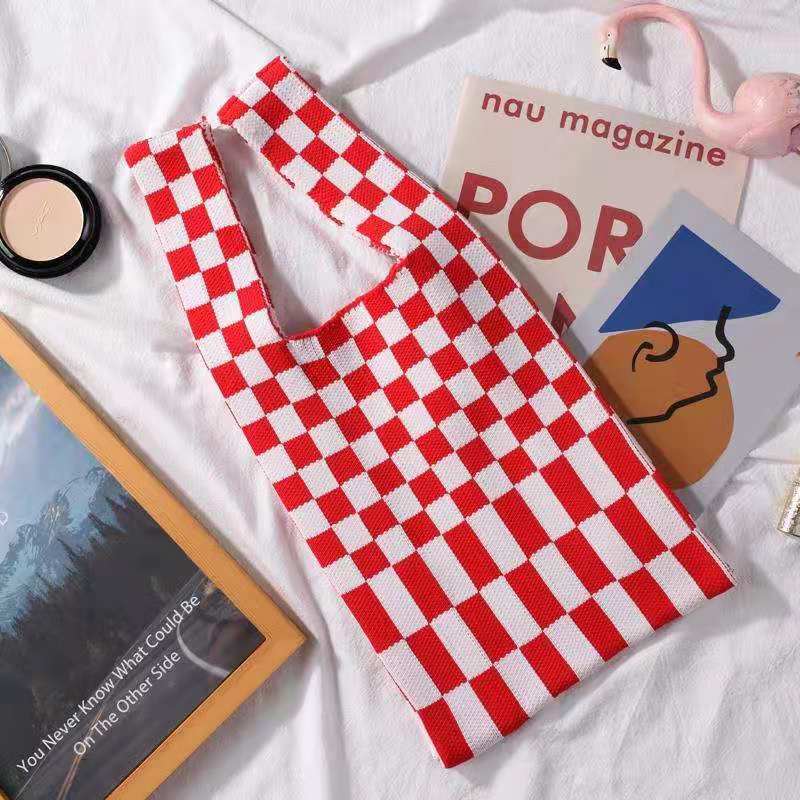 Women's Bags Niche Stripes Simple Texture Trendy Small Objects Contrast Color Stripes Checkerboard Knitted Shopping Bag Handbag