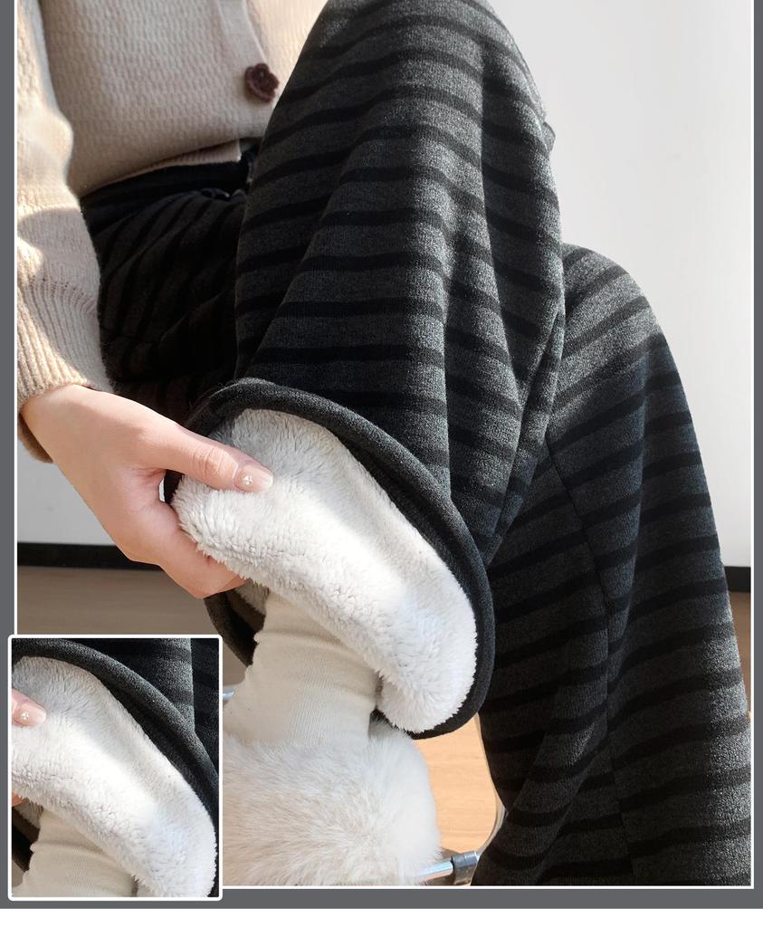 Women's Ash-Black Striped Wool Wide-Leg Pants with High Waist, Autumn/Winter Style, Plus Velvet, Loose Straight-Leg Design