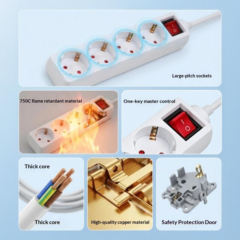 1Pcs Light Switch With Extension Cable 2/3/5 Meters Eu Home Standard German Type Power Strip 3/4/5 Sockets In Row Flat Adapter