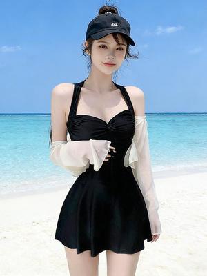 2026 Women's One-Piece Skirted Swimsuit: Slimming, Conservative, High-End, Long Sleeve, Sun-Protective Resort Wear