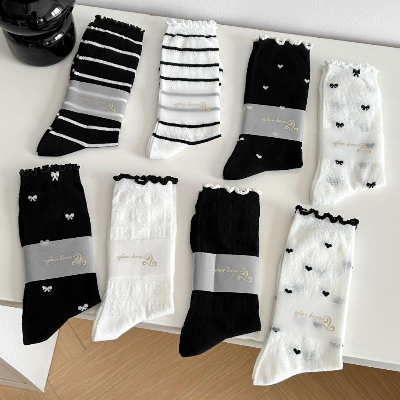 Women's Summer Socks with Mesh, Black Fungus Edges, Pile Socks, Lace Bows, Mid-calf Socks, Boneless Breathable Socks