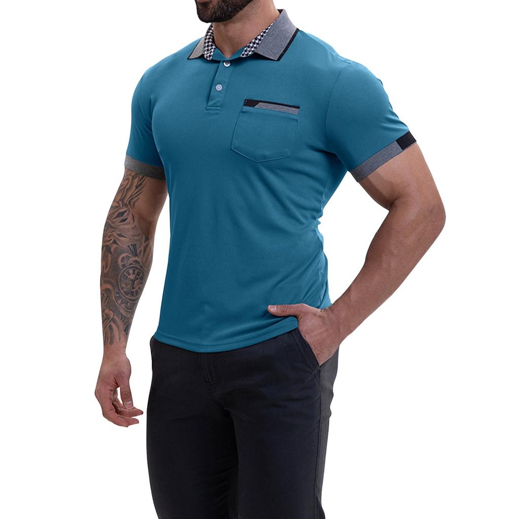 Men's Solid Color Button Pocket Lapel Short Sleeve Top Men's Casual Fashion Shirt