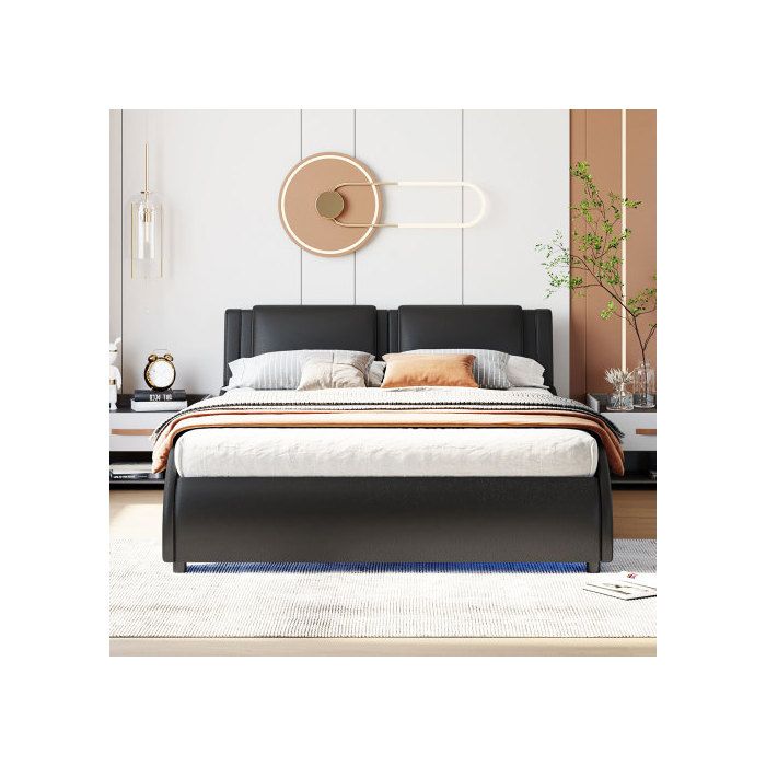 Lit - MUVOE - 140x200cm - Simili cuir noir - Éclairage LED - 2 places