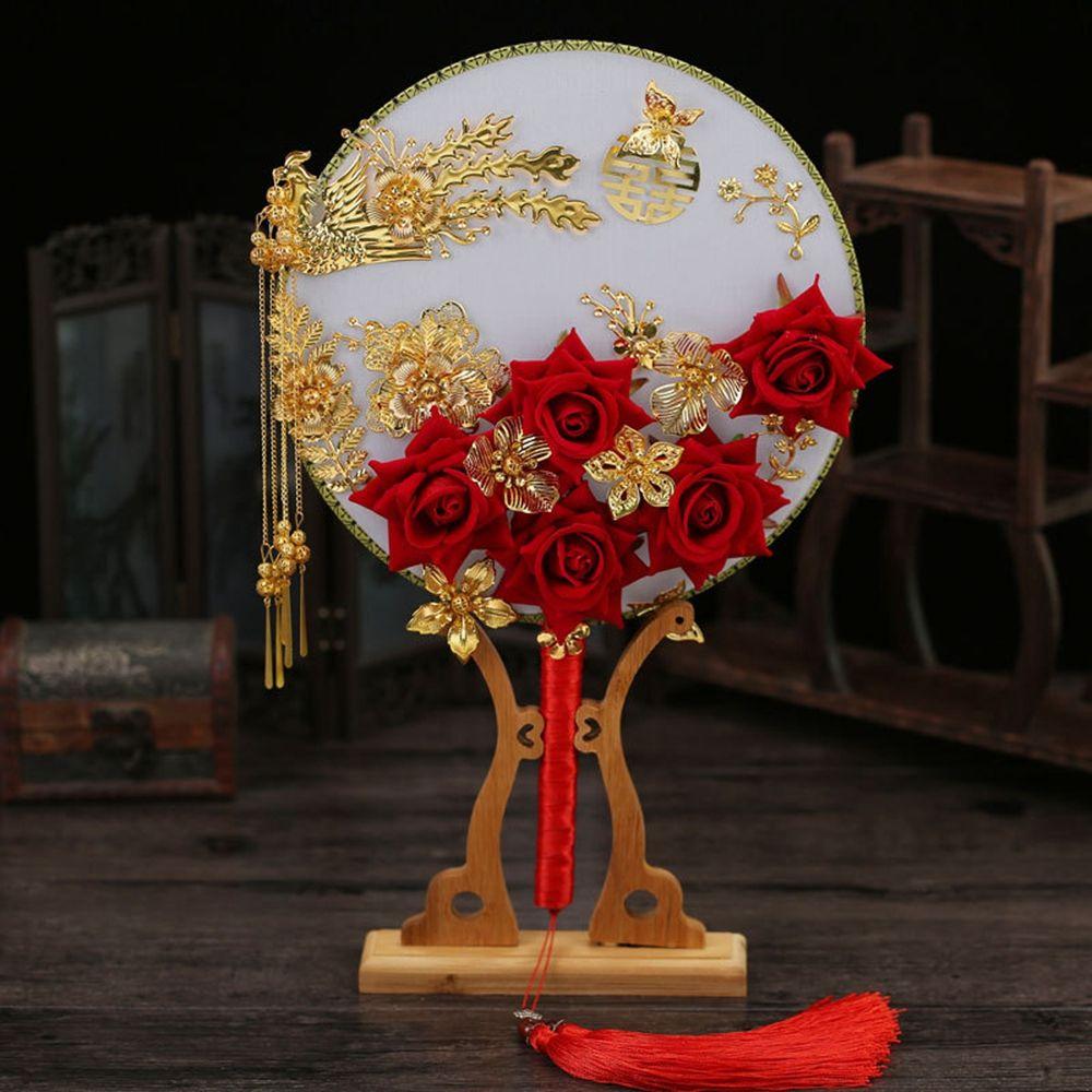 Vintage Decoration Prop For Bride Gold Red Bridesmaid Fan Bouquet Photography Ornaments Decor Craft