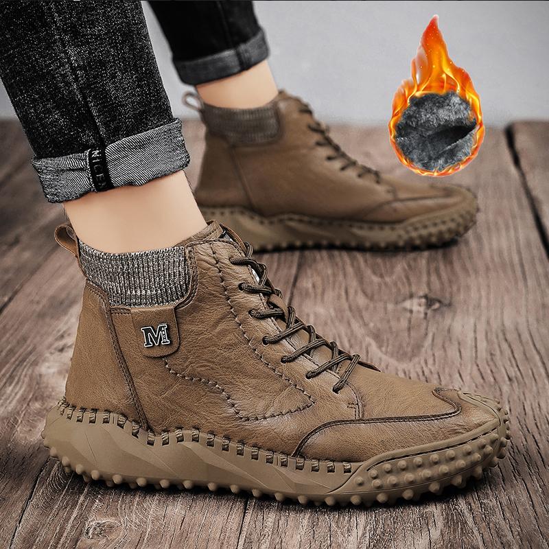 Mens Classic Winter Men's Boots Real Leather Plush Warm Men's Snow Boots Waterproof Outdoor Roman Men Work Boots Men Motorcycle Boots