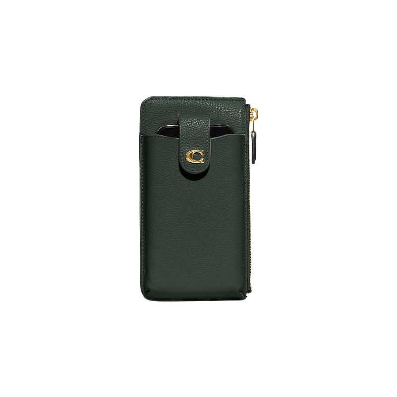 COACH Essential old Label Logo Snap Solid Color Polished Pebble Pattern Compartment Leather Mobile Phone Bag Wallet Women s Dark Green dark green золотой