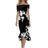 Women's Off Shoulder Floral Print Midi Dress Short Sleeve Slim Fit Elegant Dress