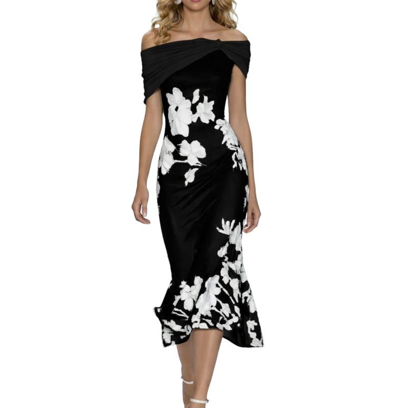 Women's Off Shoulder Floral Print Midi Dress Short Sleeve Slim Fit Elegant Dress