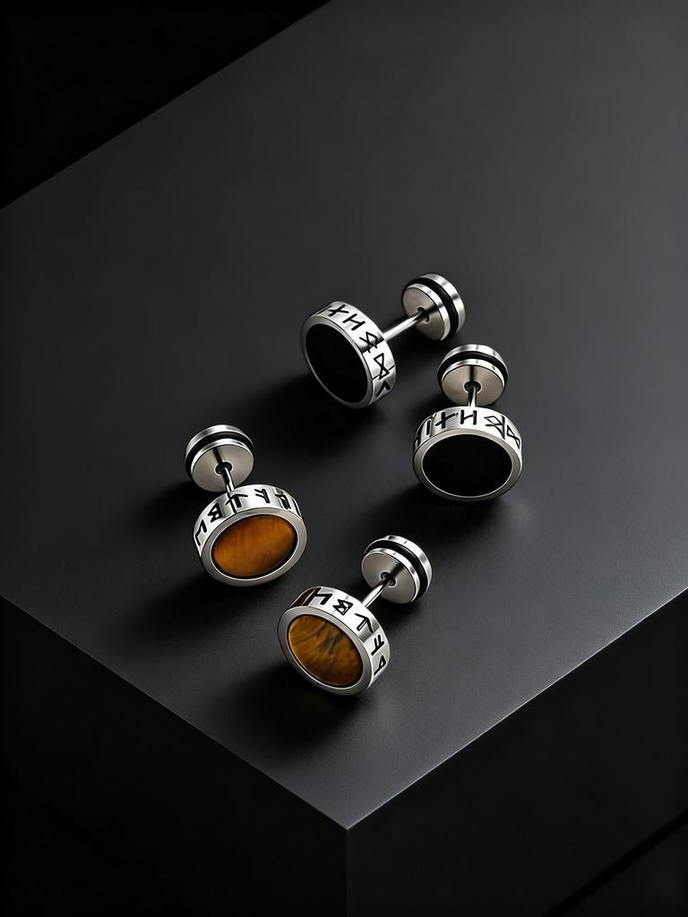 Men's Vintage Norse Viking Runes Round Earrings, Fashion Stainless Steel Stud Earrings, Stylish Natural Stone Jewelry Gifts