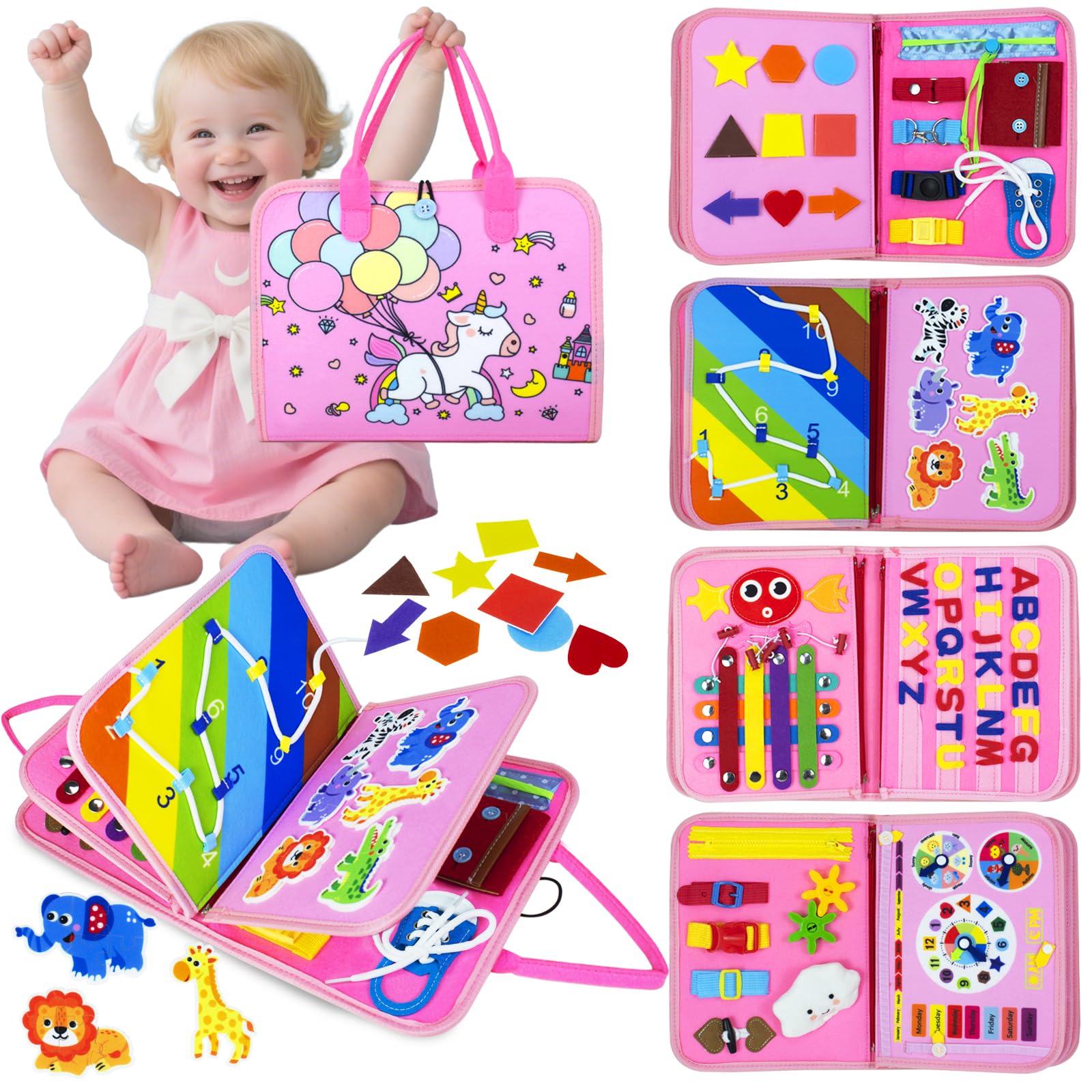 

Busy Board Cloth Picture Book for Going Out, Montessori Educational Toy for Girls and Boys Ages 1, 2, 3, 4, 5, and 6, Includes Fingertip Training,