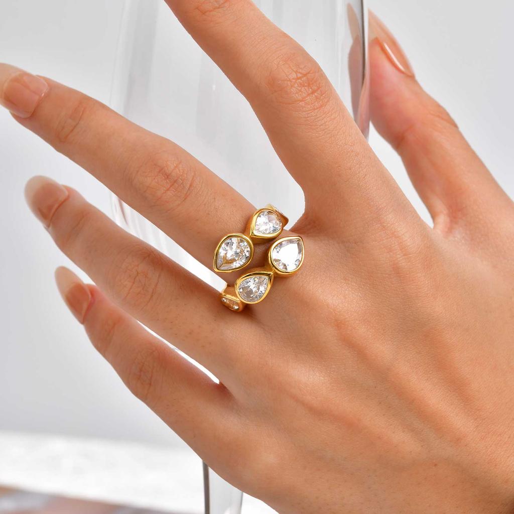 Luxury Shiny Zircon Stainless Steel Open Ring, Exquisite Chic Gold Plated Ring for Women, Fashion Exquisite Jewelry Gift