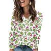 Women's Fashionable Loose-Fit V-Neck Long-Sleeved T-Shirt Christmas Print Pullover