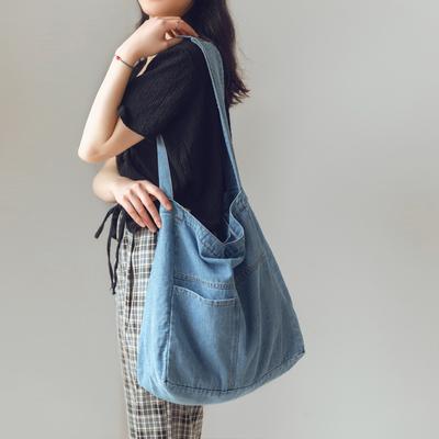 Gewaschene Denim-Tasche Große Umhängetasche Tasche für den Unterricht Studententasche Damen Japanische Canvas-Tasche Einfache Umhängetasche